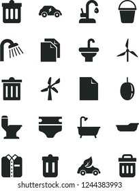 Solid Black Vector Icon Set - bin vector, clean sheet of paper, diaper, bath, bucket, washbasin, comfortable toilet, shower, kitchen faucet, dust, folded shirt, passion fruit, windmill, wind energy