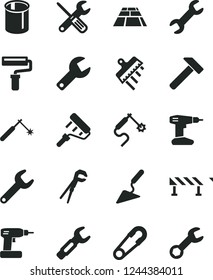 Solid Black Vector Icon Set - paint roller vector, repair key, safety pin, building trowel, small tools, adjustable wrench, cordless drill, spatula, paving slab, road fence, hammer, pipes, welding