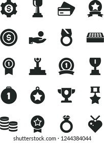 Solid Black Vector Icon Set - brick vector, coins, catch a coin, winner podium, prize, award, gold cup, star medal, first place, with pennant, ribbon, hero, diamond ring, dollar, gear, credit card