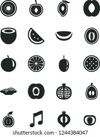 Solid Black Vector Icon Set - music vector, slices of onion, orange slice, half apricot, pomegranate, medlar, mango, peach, melon, tangerine, loquat, cherry, passion fruit, kiwi, guawa, tomato
