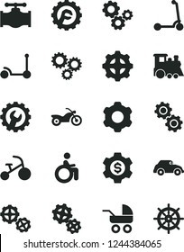 Solid Black Vector Icon Set - baby carriage vector, children's train, tricycle, Kick scooter, child, gears, cogwheel, gear, star, valve, retro car, three, dollar, motorcycle, disabled, handwheel