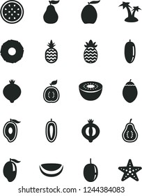 Solid Black Vector Icon Set - a pineapple vector, medlar, half of, mango, loquat, date fruit, passion, sweet, kiwi, tamarillo, guawa, piece coconut, slice, ripe guava, part, palm tree, starfish
