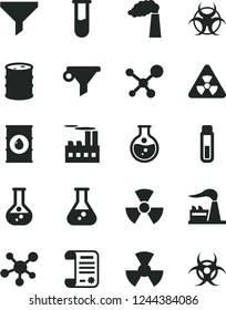 Solid Black Vector Icon Set - round flask vector, manufacture, factory, oil, barrel, industrial building, radiation, filter, water, research article, test tube, molecule, nuclear, biohazard