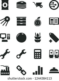 Solid Black Vector Icon Set - spectacles vector, add label, storage unit, building trolley, book, pancakes, mint, half of guawa, grapefruit, oil, industrial, bar chart, calculator, computer, network