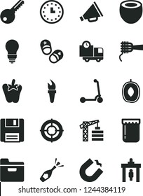 Solid Black Vector Icon Set - horn vector, child Kick scooter, shoes, tower crane, bulb, key, folder, delivery, noodles, peper, jam, delicious plum, half of coconut, horseshoe magnet, wall watch
