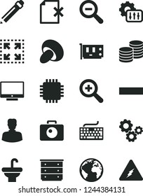 Solid Black Vector Icon Set - sign of the planet vector, graphite pencil, keyboard, zoom, out, minus, chest drawers, washbasin, camera, screen, delete page, coins, size, porcini, woman, gears, cpu