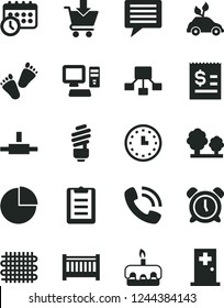 Solid Black Vector Icon Set - image of thought vector, alarm clock, pie chart, baby cot, children's tracks, saving light bulb, put in cart, torte, trees, weaving, environmentally friendly transport