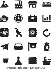 Solid Black Vector Icon Set - clock face vector, paper airplane, clockwise, summer stroller, Puzzles, portfolio, brick, address book, drawer, industrial building, weaving, stall, vintage sign, pawn