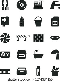Solid Black Vector Icon Set - feeding bottle vector, iron fork spoons, brickwork, bucket, bath, faucet mixer, road fence, drawer, plate, manufacture, SIM card, cash machine, fan, radiator, cd