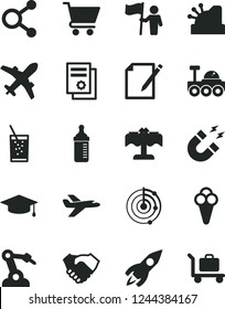 Solid Black Vector Icon Set - Measuring Bottle For Feeding Vector, Notes, Cart, A Glass Of Soda, Cone, Robot Welder, Connections, Rocket, Hand Shake, Scientific Publication, Cashbox, Magnet, Radar