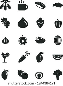 Solid Black Vector Icon Set - a plate of fruit vector, japanese sushi, fish, cup tea, cocktail, blueberries, strawberry, grape, fig, melon, mango, goji berry, water slice, ripe plum, half cherry