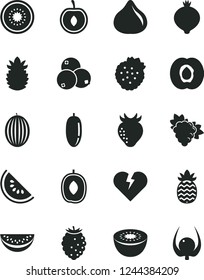 Solid Black Vector Icon Set - broken heart vector, strawberries, half apricot, branch of grape, strawberry, fig, medlar, tasty raspberry, blueberries, melon, slice water, delicious plum, date fruit