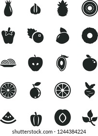 Solid Black Vector Icon Set - onion vector, peper, blueberries, tasty apple, plum, rose hip, blueberry, half of mango, yellow lemon, juicy, kiwi, orange, delicious, ripe pineapple, slice, garlic