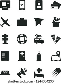 Solid Black Vector Icon Set - plane vector, taxi, hang glider, suitcase, rolling, passort control, phone registration, atm, credit card, hospital bed, medical room, flippers, transfer, map, access
