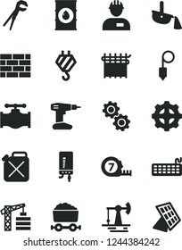 Solid Black Vector Icon Set - tower crane vector, workman, brickwork, hook, adjustable wrench, drill, long meashuring tape, plummet, electronic boiler, working oil derrick, valve, gear, canister