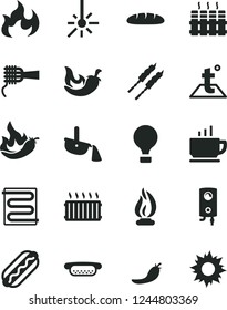 Solid Black Vector Icon Set - heating coil vector, temperature, radiator, boiler, coffee, loaf, Hot Dog, mini, noodles, barbecue, chili, red pepper, outdoor thermometer, steel production, aluminum