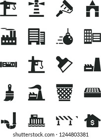 Solid Black Vector Icon Set - wicker pot vector, box of bricks, crane, big core, paint roller, wooden brush, siphon, building level, buildings, city block, brick, putty knife, road fence, factory