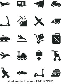 Solid Black Vector Icon Set - paper airplane vector, summer stroller, sitting, Kick scooter, child, shipment, coal mining, canister, retro car, urgent cargo, lunar rover, private plane, limousine