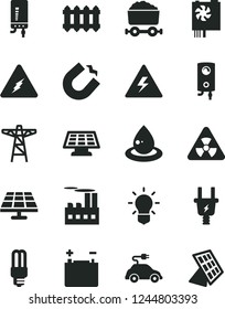 Solid Black Vector Icon Set - danger of electricity vector, new radiator, boiler, electronic, solar panel, accumulator, power pole, electric plug, industrial building, drop oil, mercury light bulb