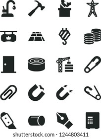 Solid Black Vector Icon Set - clip vector, safety pin, open, tower crane, hook, ntrance door, knife, paving slab, kitchen faucet, hammer with claw, coins, canned goods, power line, magnet, horseshoe