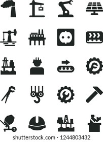 Solid Black Vector Icon Set - winch hook vector, concrete mixer, adjustable wrench, construction helmet, gear, star, hammer, sea port, commercial seaport, solar panel, working oil derrick, conveyor