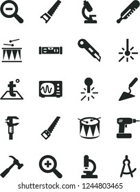Solid Black Vector Icon Set - zoom vector, out, mercury thermometer, drumroll, drum, building trowel, cordless drill, hand saw, arm, level, stationery knife, temperature, hammer with claw, outdoor