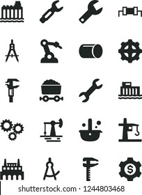 Solid Black Vector Icon Set - repair key vector, working oil derrick, hydroelectric station, hydroelectricity, industrial factory, gear, tower crane, pipe, robot welder, Measuring compasses, steel