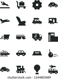 Solid Black Vector Icon Set - truck lorry vector, car child seat, motor vehicle, baby toy train, core, modern gas station, electric transport, retro, urgent cargo, Express delivery, plane, baggage