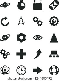 Solid Black Vector Icon Set - right direction vector, plus, clockwise, stacking toy, tumbler, cogwheel, gear, eye, timer, accumulator, scribed compasses, gears, scheme, wall watch, atom, saturn