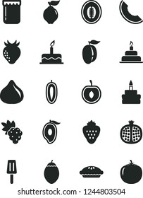 Solid Black Vector Icon Set - cake vector, birthday, pie, popsicle, jam, strawberry, half pomegranate, grape, quince, fig, slice of melon, mango, ripe plum, cherry, sweet date fruit, tamarillo