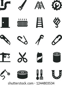 Solid Black Vector Icon Set - scissors vector, safety pin, open, iron fork spoons, crane, hook, adjustable wrench, arm saw, stepladder, ladder, ntrance door, gear, stationery knife, canned goods
