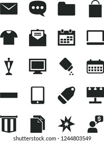 Solid Black Vector Icon Set - monitor window vector, calendar, paper bag, clean, folder, minus, baby powder, envelope, received letter, T shirt, label, billboard with illumination, speech, tablet pc