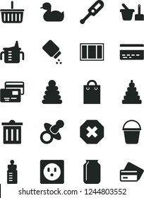 Solid Black Vector Icon Set - bin vector, mark of injury, grocery basket, bank card, dummy, measuring cup for feeding, bottle, baby powder, electronic thermometer e, rubber duck, stacking rings, toy