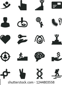 Solid Black Vector Icon Set - heart vector, index finger, pass card, woman, man in sight, get a wage, dna, brain, bactery, artifical insimination, winner podium, carrer stairway, hold world, flying