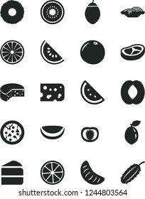 Solid Black Vector Icon Set - piece of cheese vector, pizza, slices onion, cake, bacon, orange slice, water melon, half peach, tangerine, kiwi, tamarillo, sour lime, lemon, coconut, pineapple