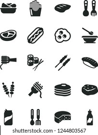 Solid Black Vector Icon Set - plates and spoons vector, plastic fork, iron, cheese, fried vegetables on sticks, Hot Dog, spaghetti, noodles, lettuce in a plate, bacon, chop, barbecue, piece of meat