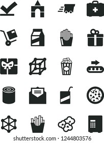 Solid Black Vector Icon Set - medical bag vector, e, box of bricks, received letter, gift, package, shipment, tin, pizza, French fries, fried potato slices, popcorn, cup, production conveyor, safe