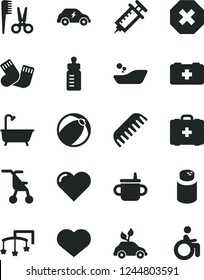 Solid Black Vector Icon Set - heart symbol vector, mark of injury, toys over the cot, mug for feeding, bottle, powder, sitting stroller, baby bath ball, children's bathroom, accessories a hairstyle