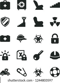 Solid Black Vector Icon Set - Baby chair vector, car child seat, open pin, bag of a paramedic, medical, key, construction helmet, lock, strongbox, autopilot, encrypting, nuclear, biohazard, stairway