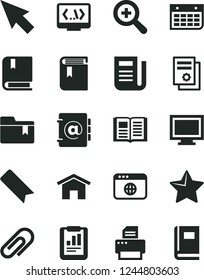 Solid Black Vector Icon Set - monitor window vector, clip, bookmark, zoom, folder, book, home, star, address, statistical report, scientific publication, wall calendar, newspaper, printer, coding