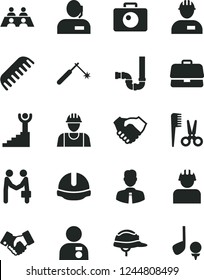 Solid Black Vector Icon Set - accessories for a hairstyle vector, comb, builder, workman, siphon, construction helmet, employee, camera, welding, briefcase, hand shake, handclasp, dispatcher, golf