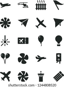 Solid Black Vector Icon Set - wind direction indicator vector, colored air balloons, balloon, boiler, fan screw, outdoor thermometer, cast iron radiator, paper plane, private, helicopter, ticket