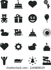 Solid Black Vector Icon Set - heart symbol vector, rubber duck, baby duckling, teddy bear, toy train, balloon, birthday cake, gift, Easter, slice, man hold world, hands up, stars around, dollar eyes