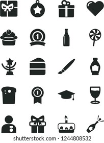 Solid Black Vector Icon Set - tassel vector, heart, gift, Easter cake, muffin, piece of, torte, lollipop, glass, bottle, giftbox, star cup, man with medal, graduate, pennant, ribbon, champagne