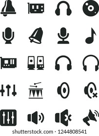 Solid Black Vector Icon Set - bell vector, loudspeaker, silent mode, drumroll, headphones, microphone, regulator, volume, no sound, pc card, cd, speaker, note, settings