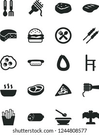 Solid Black Vector Icon Set - plates and spoons vector, a chair for feeding, iron fork, sausage, stick of, cheese, piece pizza, mini hot dog, burger, spaghetti, noodles, porridge, bacon, chop, meat