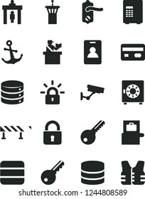 Solid Black Vector Icon Set - key vector, door knob, road fence, lock, anchor, big data, strongbox, reverse side of a bank card, encrypting, airport tower, identity, security gate, baggage scanner