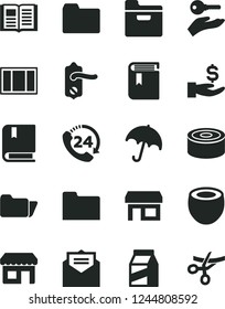 Solid Black Vector Icon Set - folder vector, book, e, window frame, door knob, received letter, umbrella, 24, package, canned goods, half of coconut, kiosk, stall, get a wage, arm with key
