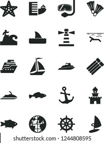 Solid Black Vector Icon Set - anchor vector, small fish, lighthouse, planet, sand castle, sail boat, hotel, beach, starfish, flippers, diving mask, surfing, handwheel, jet ski, cruiser, shark fin