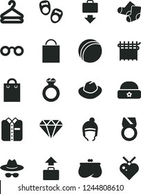 Solid Black Vector Icon Set - paper bag vector, hat, with glasses, bath ball, Knitted Socks, shoes for little children, winter, warm, folded shirt, hanger, cloth industry, purse, diamond, ring, gold